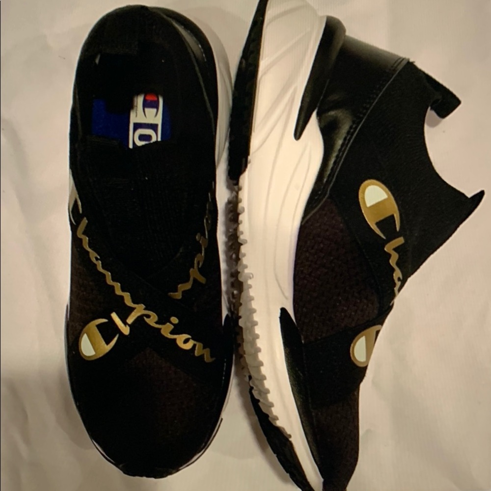 Champion Black and Gold Slip-On Sneakers Sleek Design, size 7